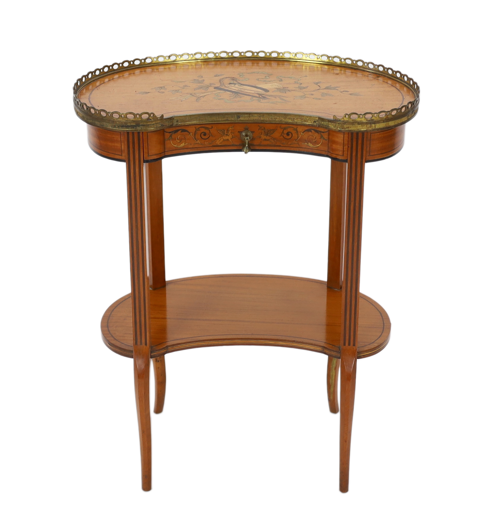 An Edwardian ormolu mounted satinwood kidney shape occasional table 53cm wide, 34cm deep, 65cm high